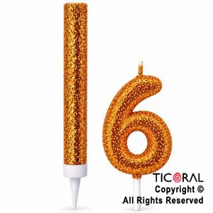SET BENGALA Y VELA NUMERAL NUMERO 6 CON GIBRE ORO